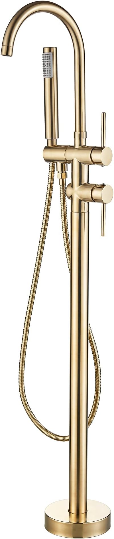 Votamuta Brushed Gold Floor Mounted Tub Filler Shower Faucet Dual Handles Bathtub Shower Mixer Tap with Handheld Sprayer