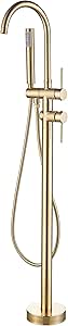 Homevacious Freestanding Bathtub Faucet Brushed Gold Floor Mount Tub Filler Single Handle Brass Bathroom Free Standing Bathtub Faucet With Handheld Shower And Shelf