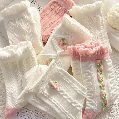 Tyadorw 5 Pairs White Cute Socks, Women's Lace Ruffles Ankle Casual Sock, Cottagecore Breathable Mid Tube Socks, Floral Crew Socks (One Size,White)