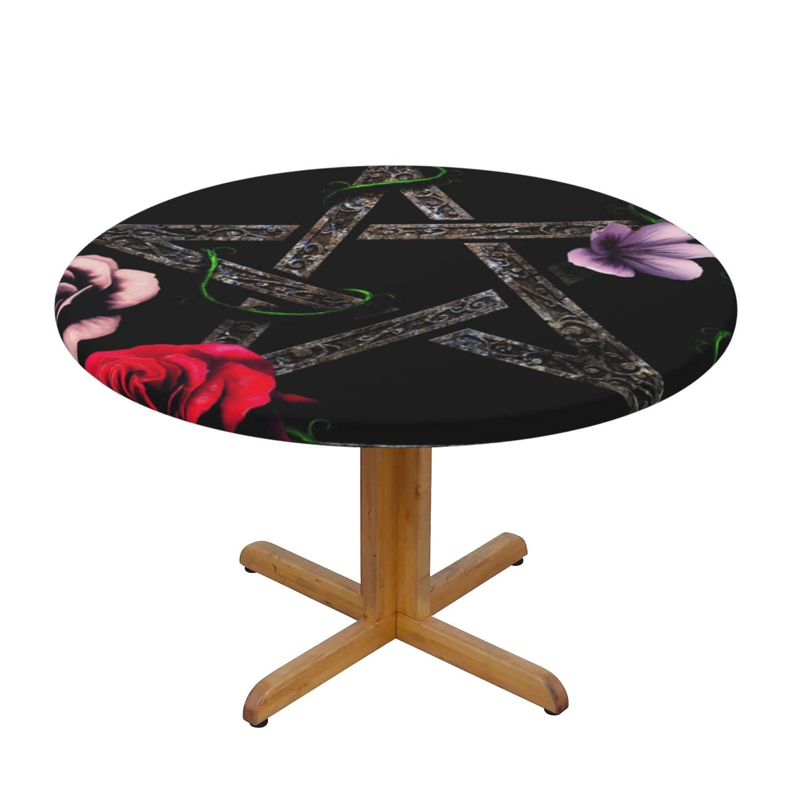 Lsjuee Round Fitted Tablecloth 40-44in Elastic Edged Table Cloth for Kitchen Dining Party Home Decor - Pentagram Sign Flower Black