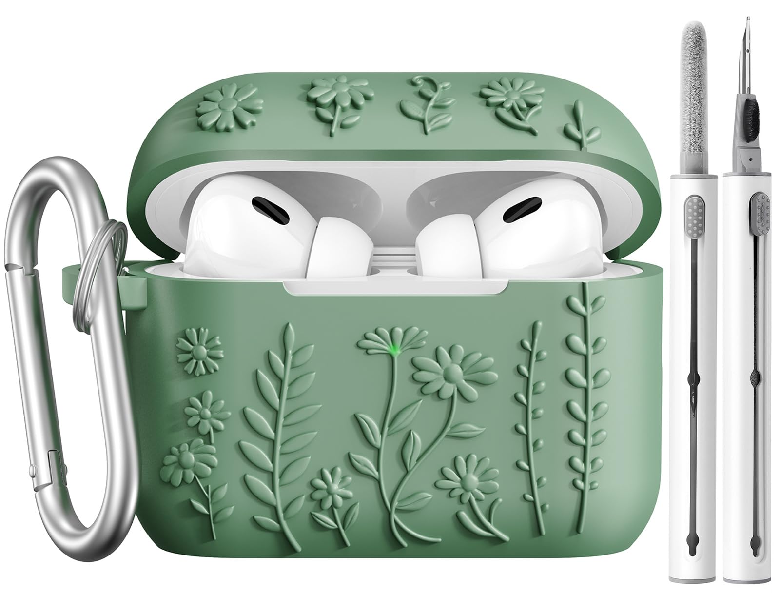 AIRSPO Airpod Pro 2nd Generation Case, 3D Floral Embossed Soft Silicone Protective Cover with Cleaner Kit for Apple Airpods Pro 2nd 1st Gen Case with