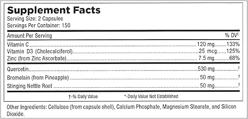 Miniatura 8 de Suplemento de bromelina de zinc de quercetina  Apoyo inmunológico  500 mg de quercetina con vitaminas C y zinc y D3  Suplemento herbal de refuerzo