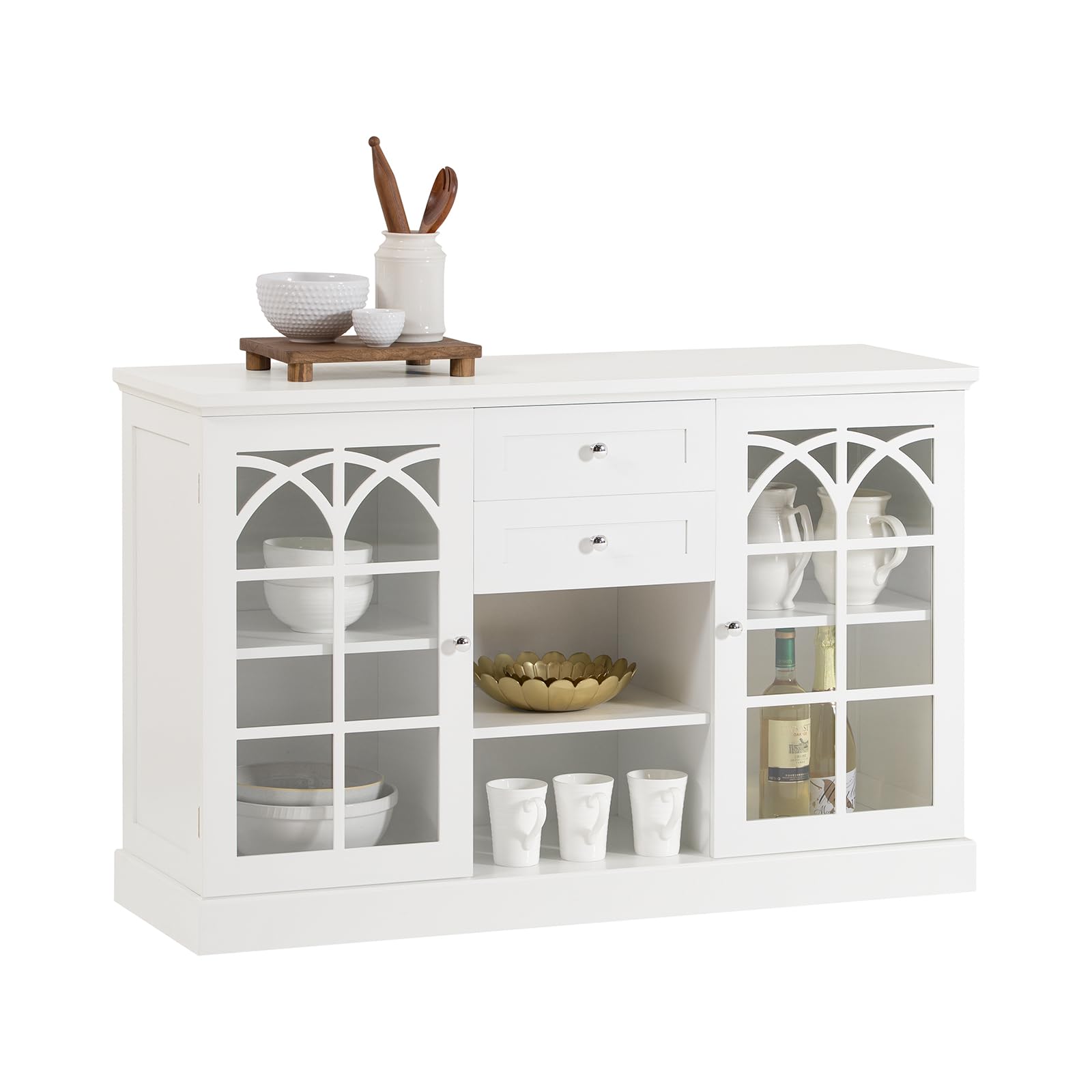 SoBuy Sideboard Küche mit Glastüren, Schubladen & offenem Fach, 120×78×39cm | Buffetschrank, große Arbeitsplatte, 80 kg Tragkraft, staubgeschützt, MDF, für Esszimmer & Wohnzimmer & Kaffeeecke, FSB79-W
