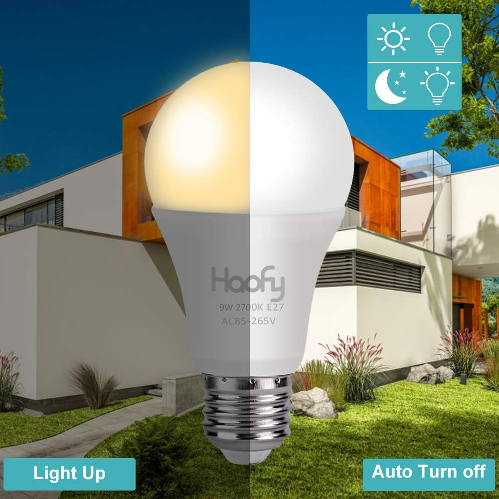LED Light Bulb, Dusk to Dawn Light Bulb Built-in Photosensor Detection with Auto Switch Outdoor/Indoor Lamp for Porch Garage Yard, E26/E27 Base, Warm White 2700K, Pack of 2