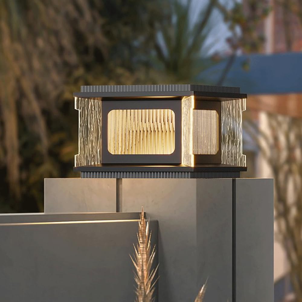 Solar Post Caps Lights With Glass Gate Pedestal Lights Modern Black Column Pillar Lamps Outdoor Waterproof Landscape Pathway Lights Solar LED Pedestal Bollard Lighting Fence Deck Mailbox Pier Lamp