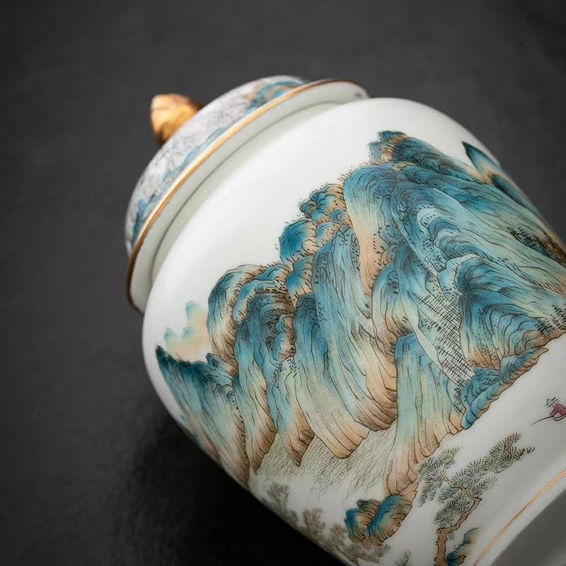 Pojemnik na cukier puszki na herbatę, ceramiczne słoiki z uszczelką do przechowywania złotych malowanych obrazów krajobrazowych zielona herbata, pu'er, biała, Longjing i nowe chińskie ozdoby retro