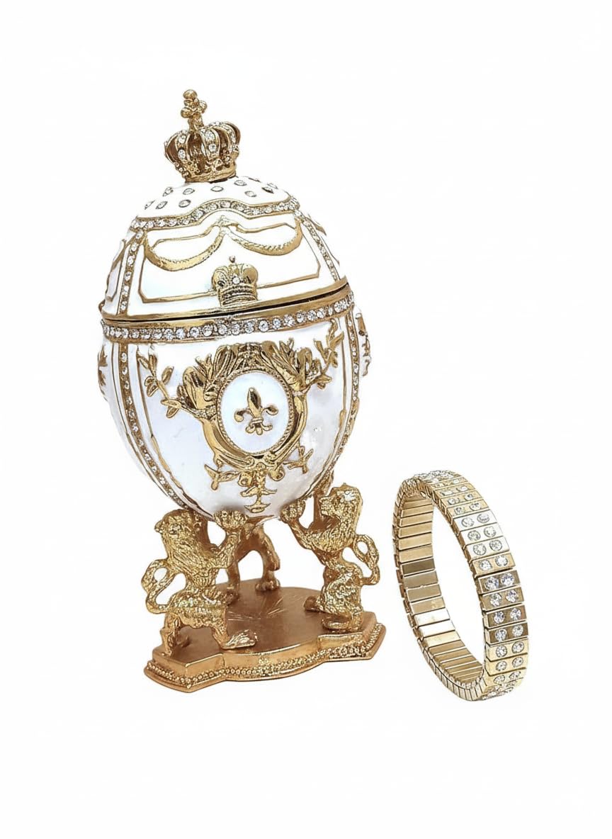 Regal Fabergé Egg Style Pure Gold Decor Collector's Egg Large Luxury Faberge Trinket Box Bracelet Set Handmade 300 Austrian Crystal Diamond Anniversary Birthday (Imperial White Faberge Set)