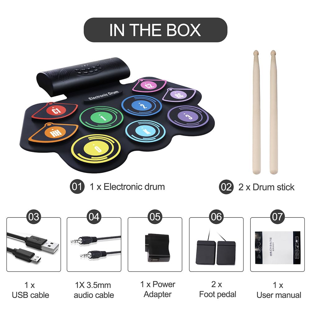 Batería electrónica, kit de práctica enrollable de 9 pads con pedales