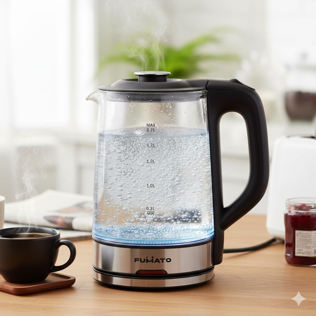 FUMATO 2.2L Glass Kettle Electric- 1500W | Borosilicate Glass Body, Stainless Steel Bottom, Multipurpose, Easy to Clean With LED Indicator, Auto Shut Off With Dry Boil Protection-image-43
