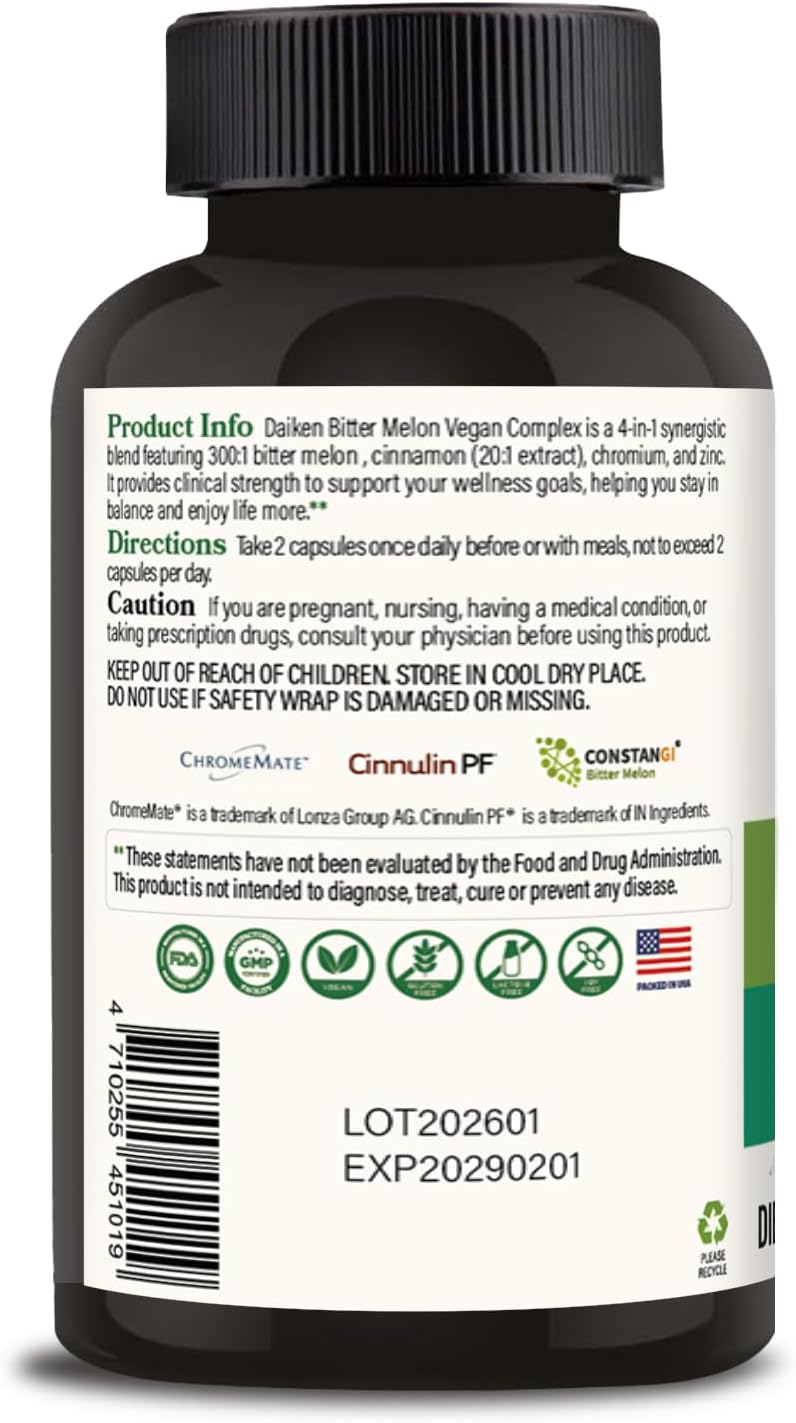 DAIKEN Bitter Melon, Cinnamon & Chromium, 100% Vegetarian Bitter Melon Capsules with Cinnamon Chromium & Zinc, 60 Capsules