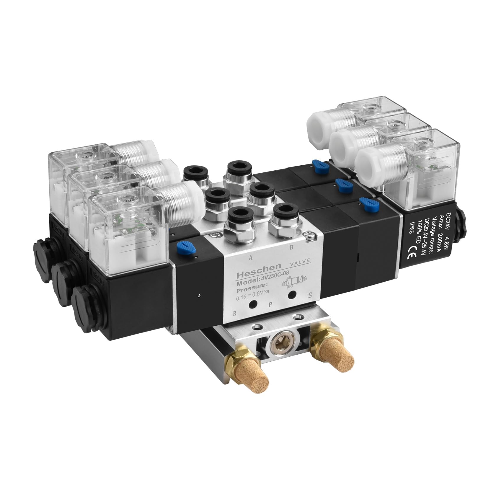 Heschen 4V230C-08 - Juego de colector de válvula solenoide triple neumática eléctrica, 24 V CC, PT 0.25 pulgadas, 5 vías, 3 posiciones centrales cerradas, kit completo con base de colector