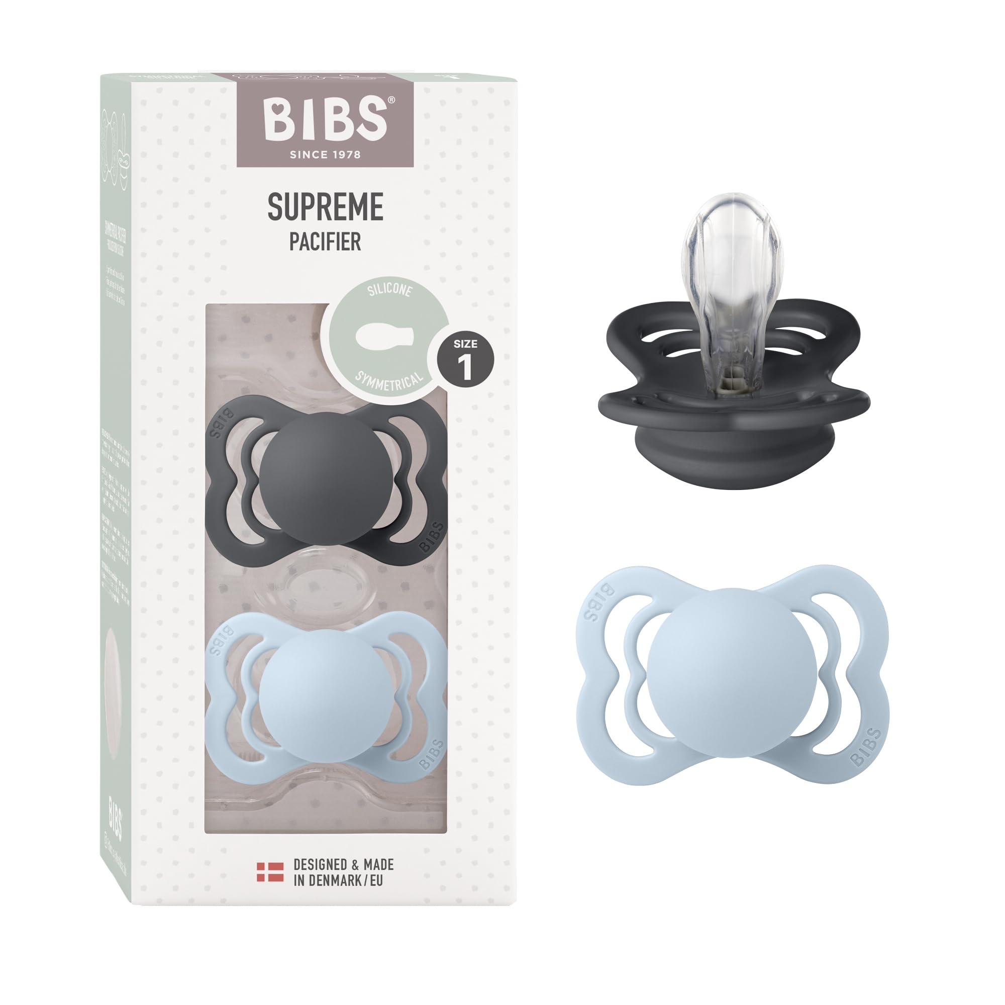 BIBS Supreme Dummies 2-Pack, BPA Free Dummy Pacifier, Silicone Symmetrical Nipple Soother, Size 1 (0-6 Months), Cloud/Steel Blue — view 21
