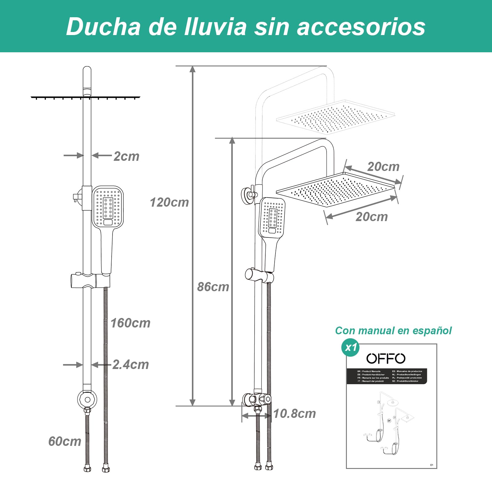 OFFO Conjunto de Ducha, Columna Ducha sin Grifo, 20x20cm Ducha de Lluvia de Acero Inoxidable, Con Manguera Ducha 1,6m y Barra de Ducha de Altura Ajustable, Cromo