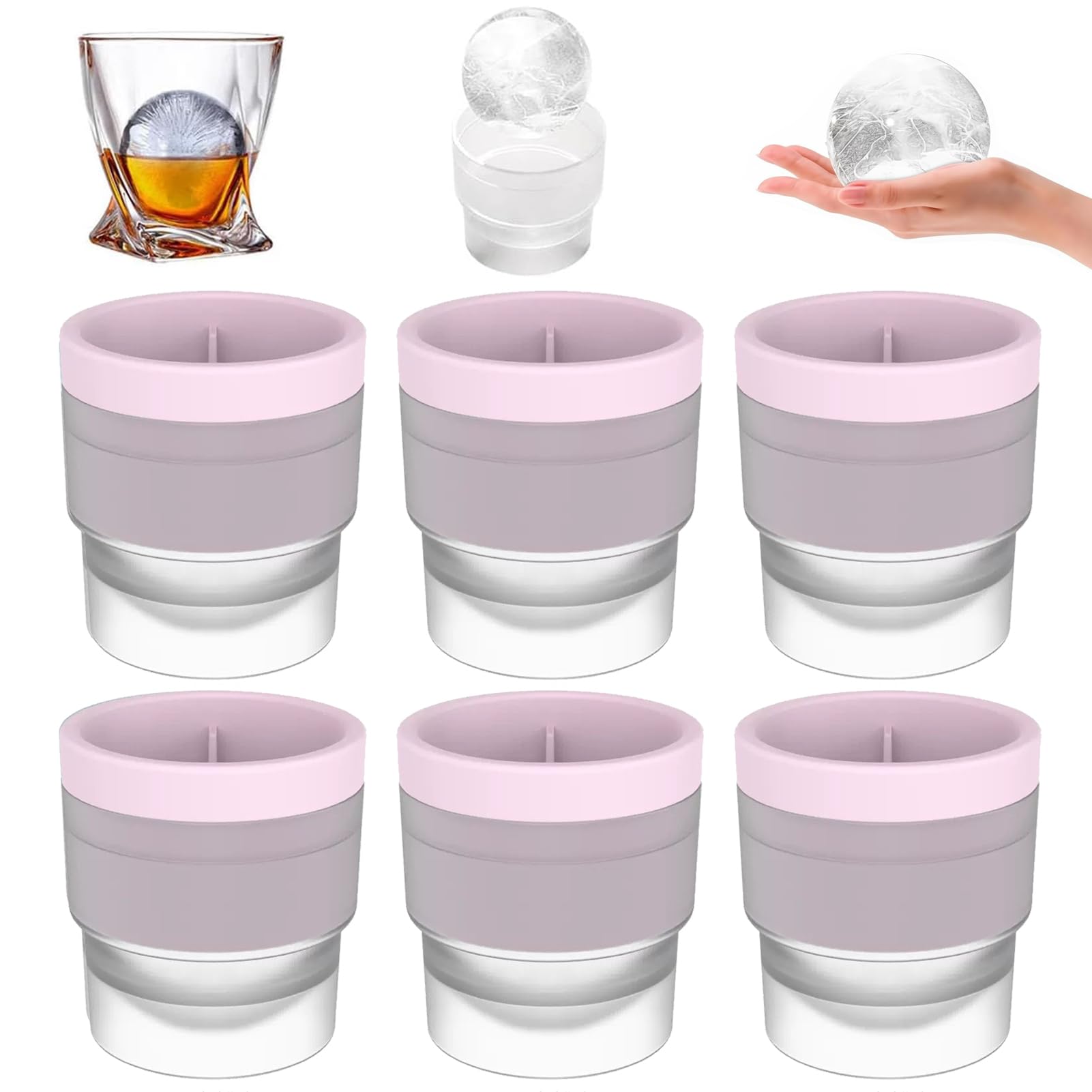 Chiclify Ice Ball Molds, 2.5inch Reusable Silicone Large DIY Round Ice Cube Mold, Round Ice Cube Mold with Lids, Stackable Easy-Release Silicone Ice Balls Maker Mold for All Drinks (6, Pink)