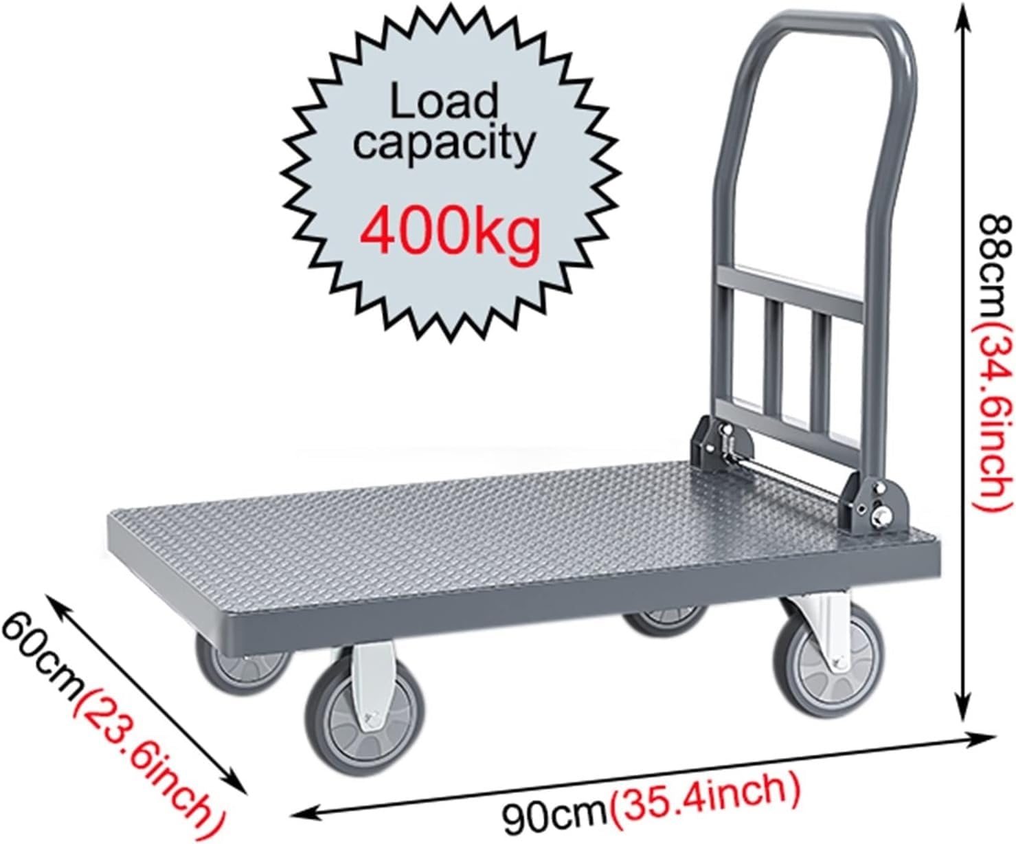 Handwagen mit klappbarer Stahlplattform, Schubkarre, faltbar, robust, rutschfest, maximale Tragkraft 600 kg, mit 4 Rädern