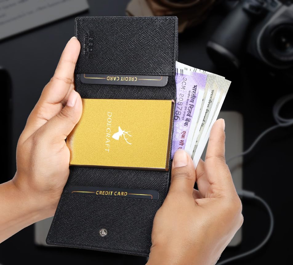 Image of Men's Genuine Leather RFID Wallet | Premium Slim Red Wallet for Men with Deer 3D Print | 8 Card Slots Secure and Durable | Casual Stylish | Formal & Gifting Use, Golden (SAFIANO /Black)
