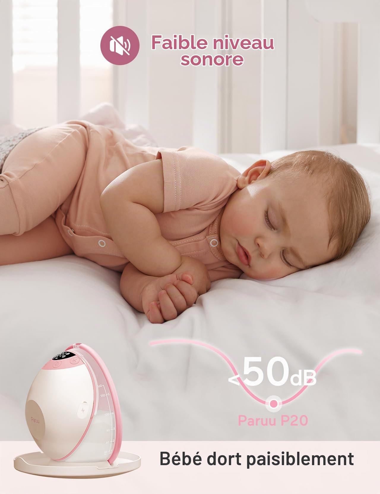 Paruu P20 Tire Lait Electrique Main Libre, Tire-Lait Portable avec 4 Modes et 12 Niveaux, Bride à Double Étanchéité de 19/21/24 mm, Visualisation du Temps et de la Quantité de Lait (1, Rose)