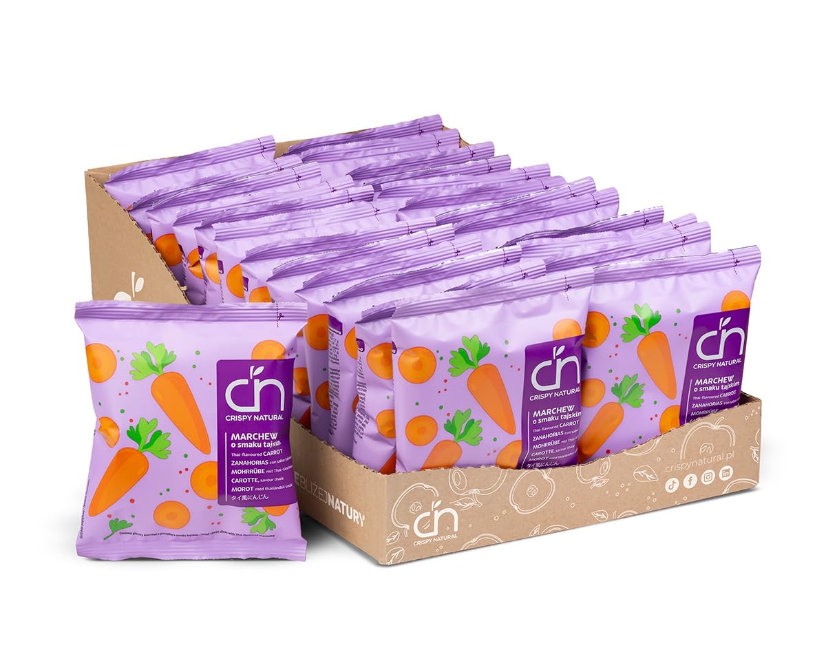 Crispy Natural Chips di Carota al Gusto Thailandese 24x18g Spuntino Naturale Senza Aggiunta di Zucchero Confezioni Pratiche