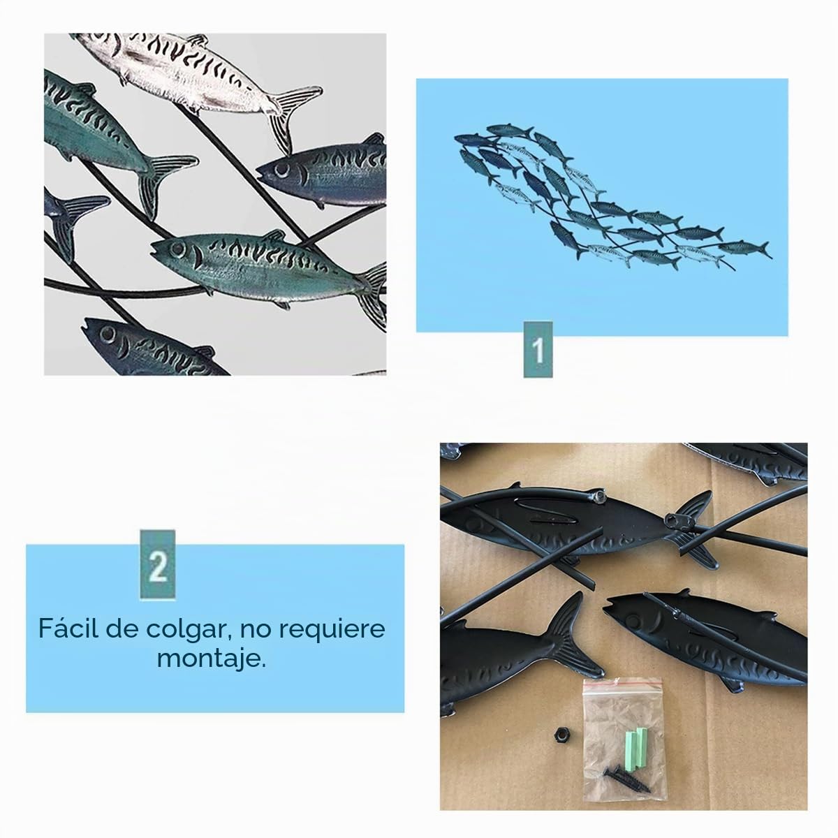 rcqeuiol Decoración de pared de peces de metal, arte de pared de peces en 3D, gran tema costero, escultura de pared de metal, decoración marina, para sala de estar, dormitorio, 59 x 16.5 pulgadas