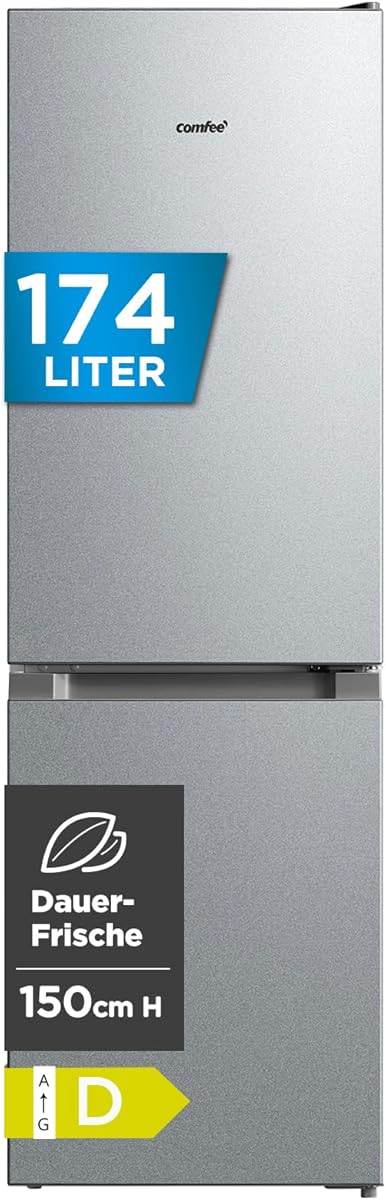 Comfee RCB169DS3 Kühlschrank mit Gefrierfach 150cm Höhe/Kühl-/Gefrierkombination Freistehend/Low Frost/174L/leise Kühlgefrierkombi 38dB/Einstellbare Kühlschranktemperatur/LED-Licht/156 kWh/Jahr/Silber