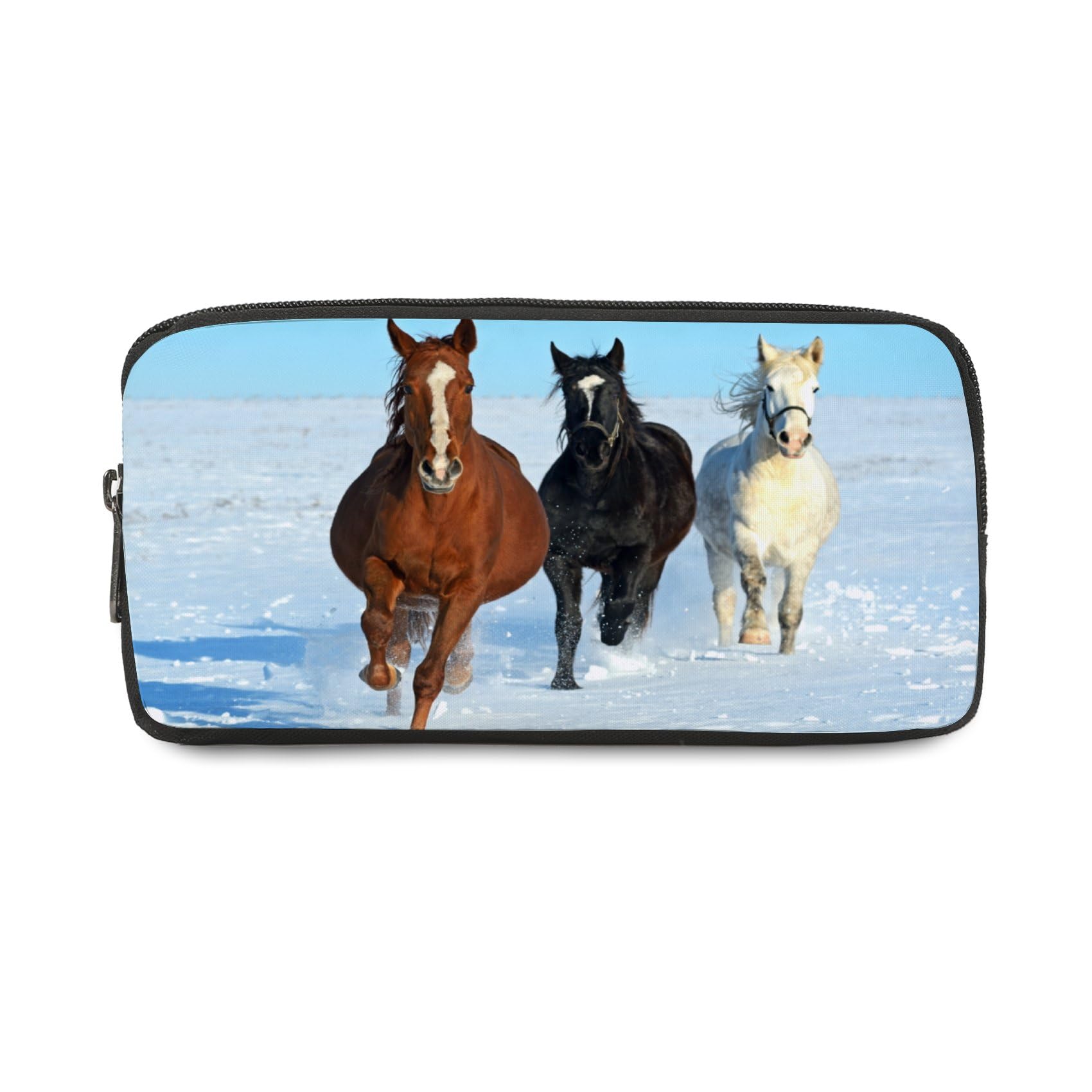 Snowy Field Running Horse Pencil Case with Zip up School Fabric Pencil Cases Pen Organiser Stationery Supplies Secondary High School College Sixth Form Stationery Gifts for Women Men — image 1
