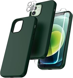 TOCOL [5 in 1 for iPhone 12 Case, for iPhone 12 Pro Case, with 2 Pack Screen Protector + 2 Pack Camera Lens Protector, Silicone Shockproof Phone Case [Anti-Scratch] [Drop Protection], Alpine Green