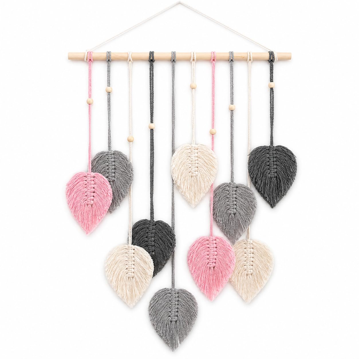HYH-BULB Macrame Wall Hanging, Bohemian Leaf Feather Woven Tapestry, Handmade Boho Wall Art Decor with Wooden Beads for Living Room, Bedroom, Dorm (Grey/Pink)