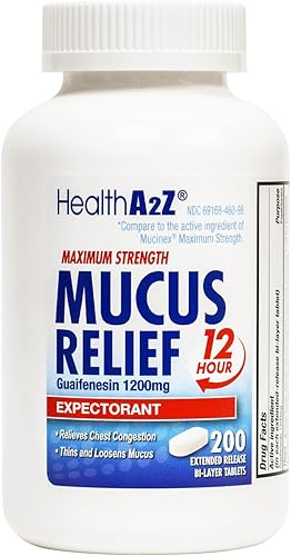 HealthA2Z Alivio de moco Guaifenesina 1200 mg 12 horas Expectorante Alivia la congestión torácica Adelgaza y afloja el moco (200 tabletas)