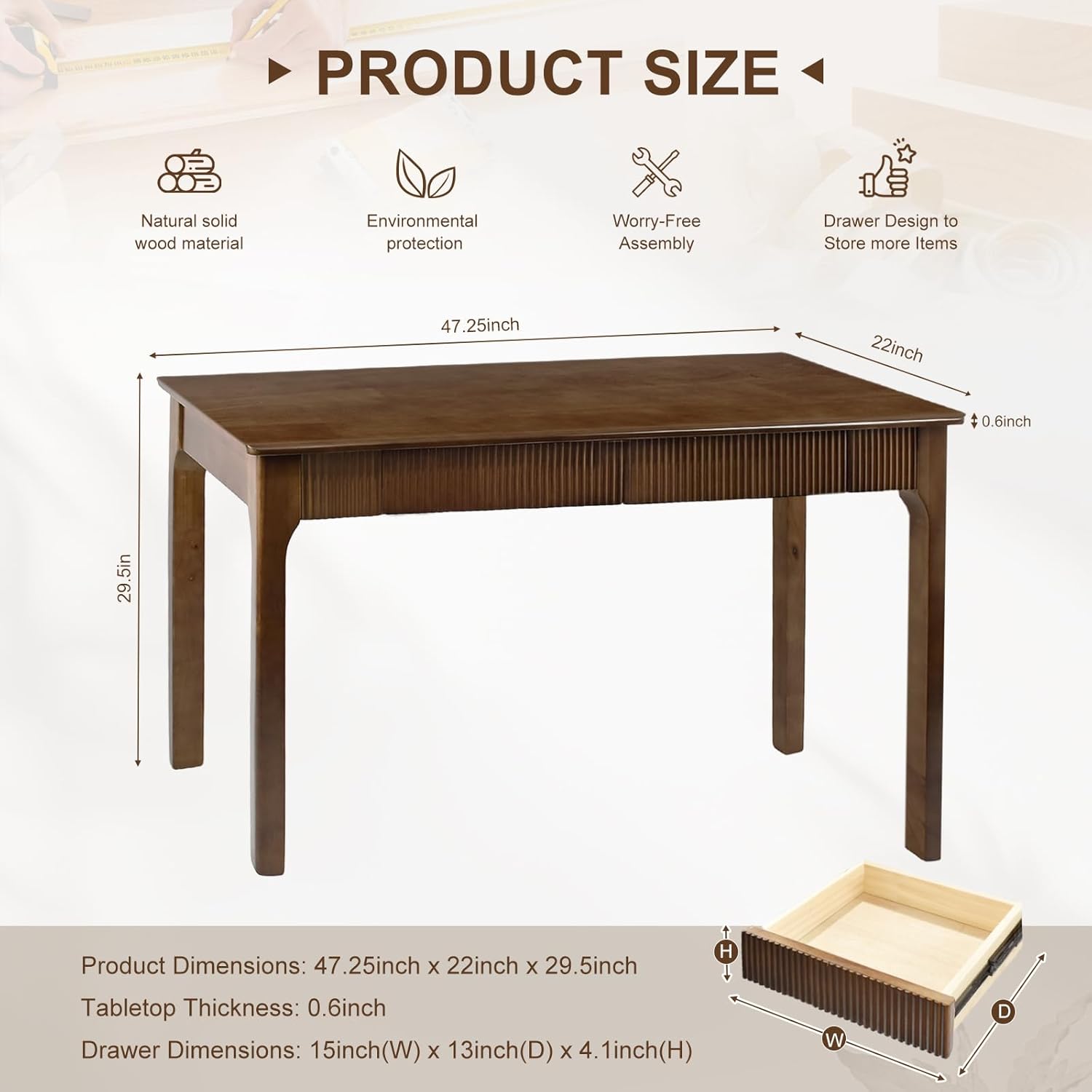 47.2'' Solid Wood Desk with 2 Drawers, Mid Century Modern Home Writing Office Wooden Desk ,Vintage Computer Table with Storage for Living Room, Bedroom, Fluted Design Brown (Walnut, 47.2 Inch) Walnut 47.2 Inch