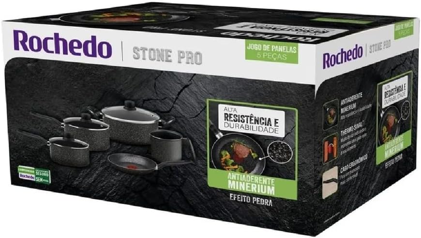 Melhores Panelas Antiaderentes (2025): Top 7 Jogos que Valem a Pena 4 Jogo de Panelas Rochedo Stone Pro 5 peças, Antiaderente Minerium, Cabos Ergonômicos, Base de Limpa Fácil e Distribuição Uniforme de Calor