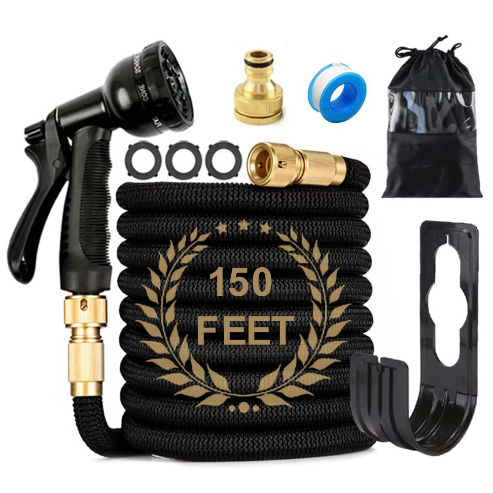 150FT Expandable Garden Hose Pipe Set & 8 Function Spray Nozzle Flexible Expanding Magic Hose with 3/4" & 1/2" Fittings for Garden,Home (Black)