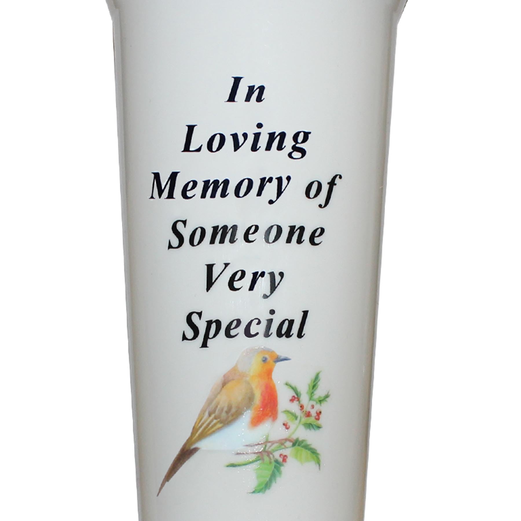 Set of 2 Memorial Grave Flower Pot - 33cm tall Sturdy White Memorial Graveside Flower Vase with Spike and Robin Image (Someone Special) - Image 3