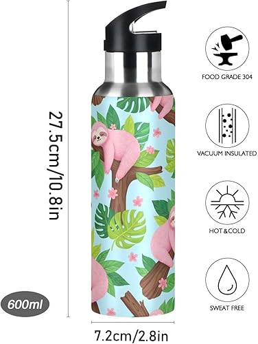 Miniatura 9 de Insulated Water Bottle 32 Oz, Leakproof Water Bottles for Gym Outdoor Travel School, Cute Pink Sloths Green Leaves