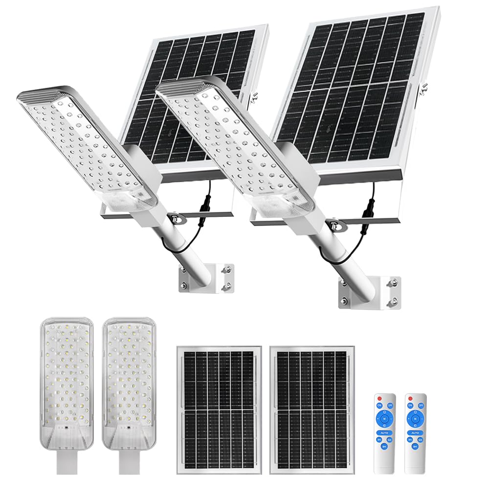 Outdoor Solar Street Light (6000mAh, 2 Pack) - IPX4 Waterproof LED Lamp with Remote Control for Yard/Garden/Pathway