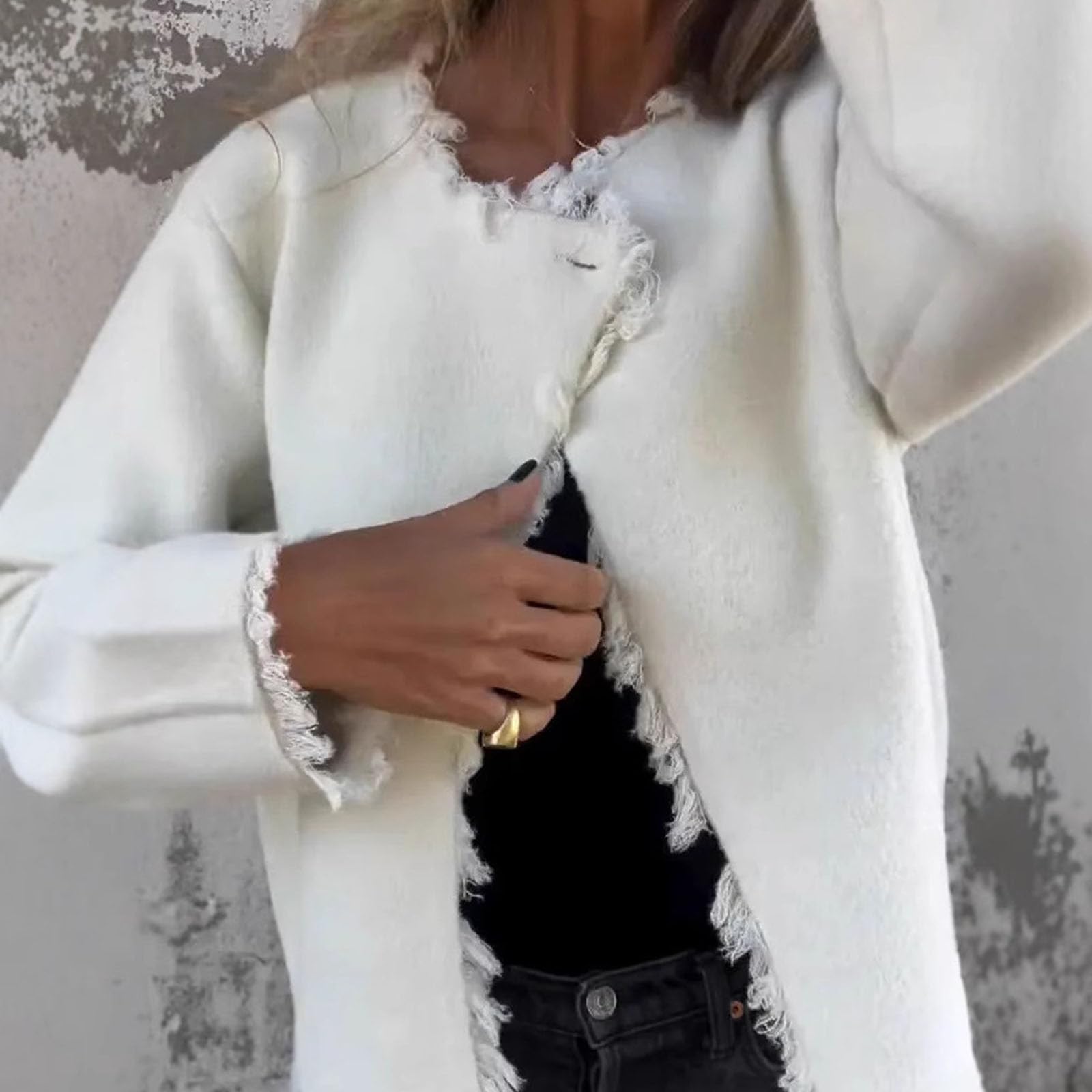 Genérico Chaqueta de manga larga con cuello redondo y cuello de piel para mujer, chaqueta corta informal con abertura delantera, cárdigan ligero con botones.