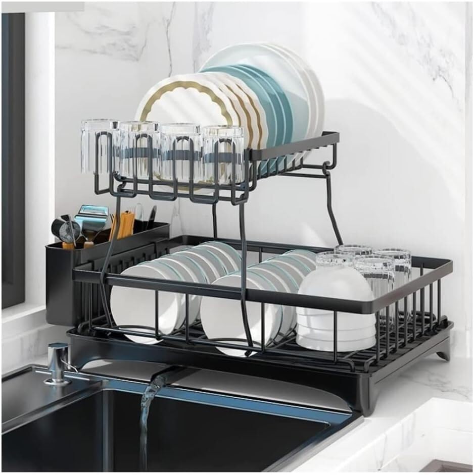 Genérico Escurridor de Platos con Cesta Colgante, escurridor de Cubiertos, escurridor de Platos de 2 Niveles, escurridor de Platos de Metal con escurridor, escurridor de Platos con caño Giratorio par