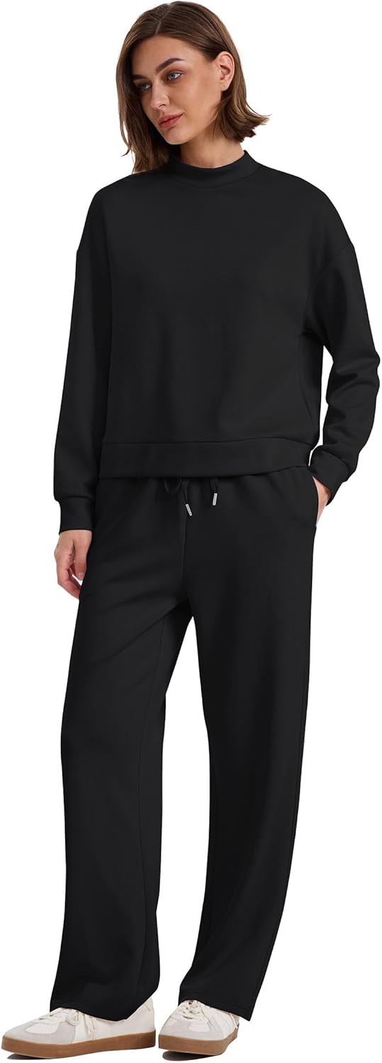 WIHOLL Two Piece Sets for Women Fall Outfits Lounge Sets Mock Neck Tops Wide Leg Pants Vacation Travel Airport Outfits