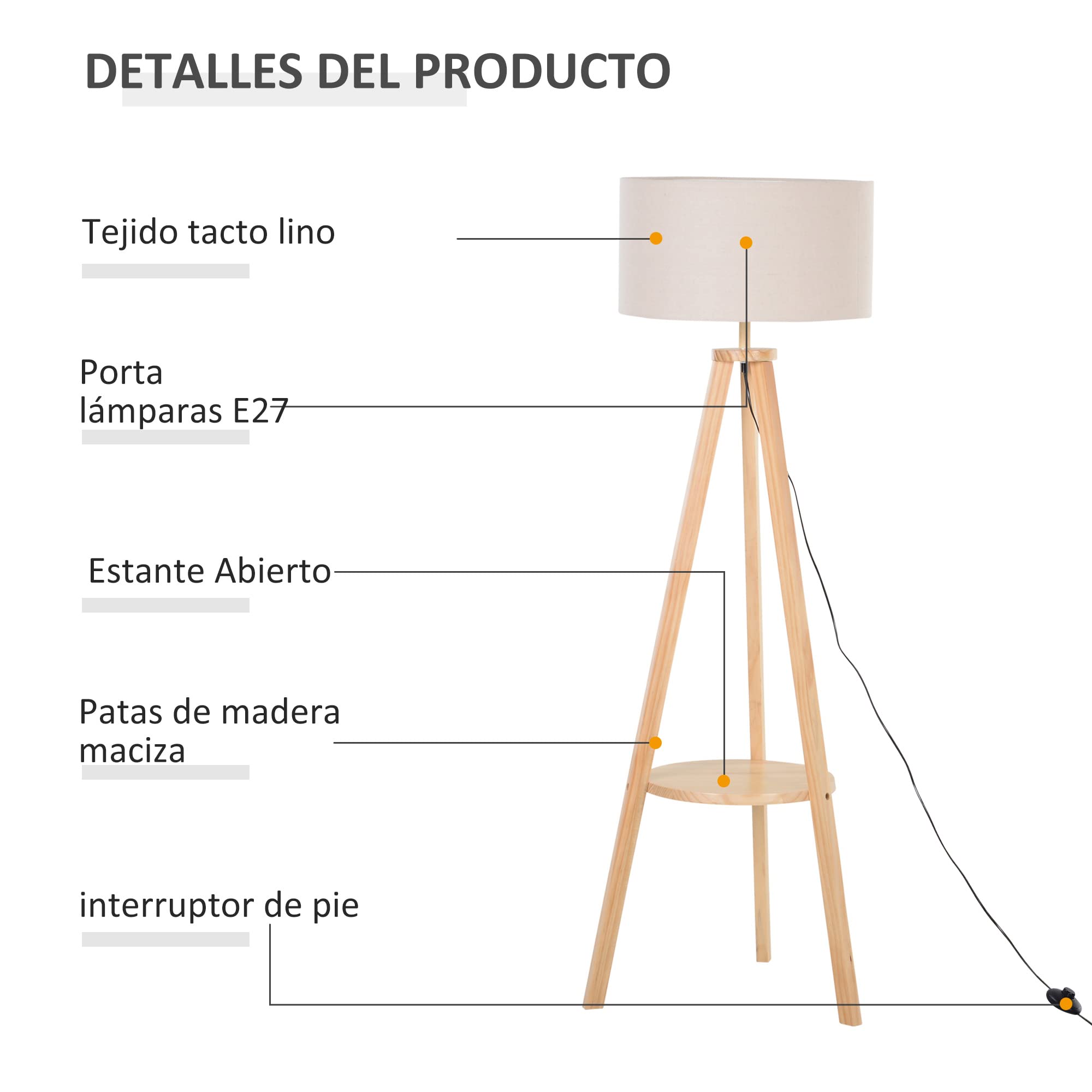 HOMCOM Lámpara de Pie Trípode con Estante Pantalla de Lino Beige y Natural | Lámpara de Salón, Interruptor de Pie, para Sala de Estar, Oficina, Dormitorio