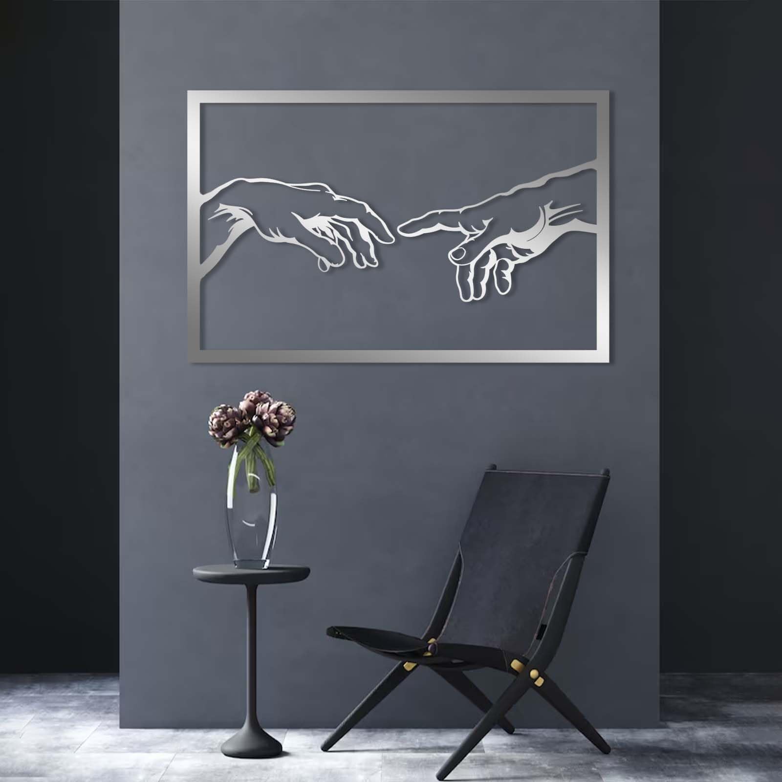 Arte Mural de Metal, Creación de Adán, Arte de Dios, Decoración bíblica, Living (Plateado, 121 x 78 cm)