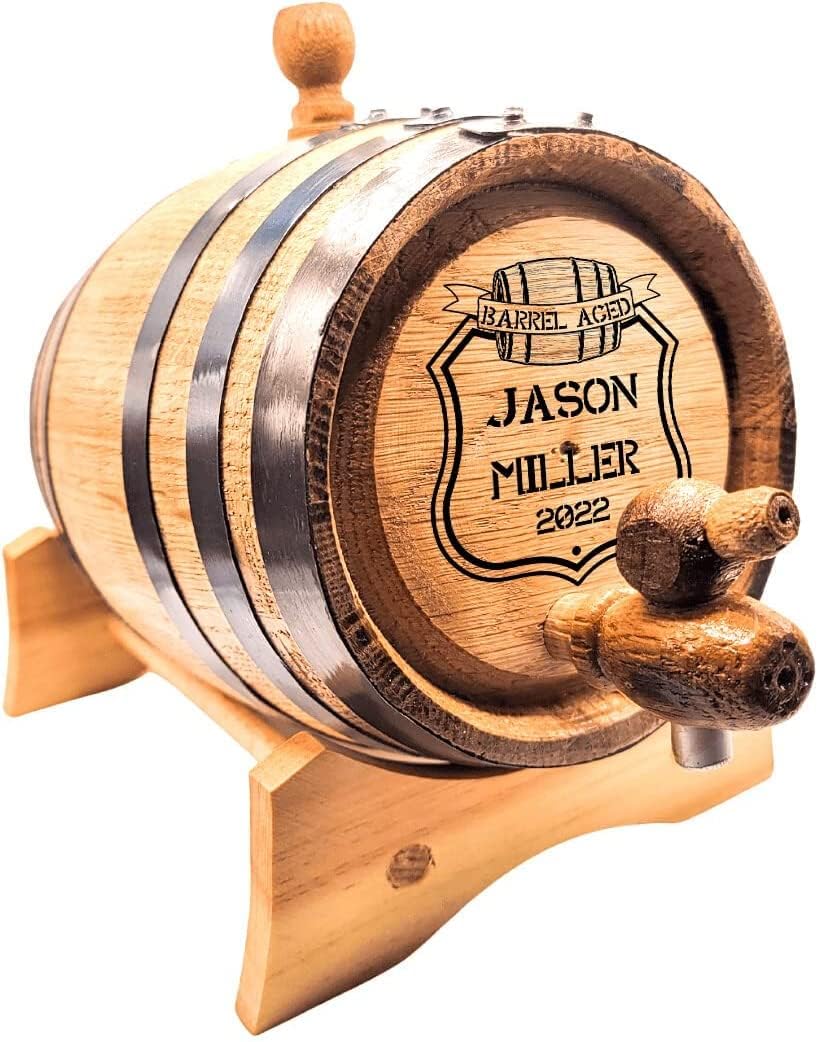 Personalized American Oak Barrel - Fully Customizable | Badge Design | Age your own beverage | Spirit Aging Barrel | Age you Wine, Whiskey, Beer, Tequila, Bourbon, Rum and more (1 Liter)