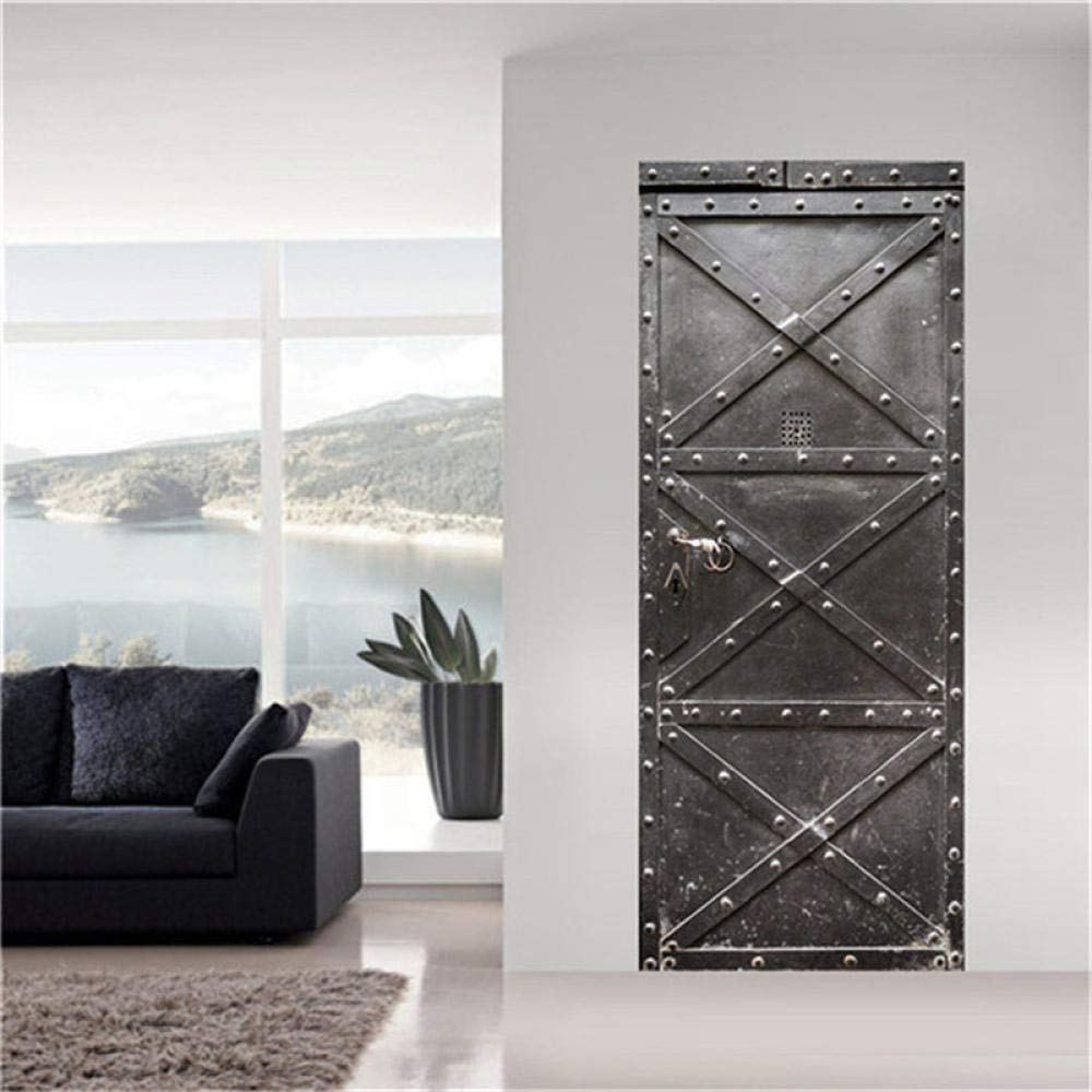 KGKBH 3D Wallpaper Door Sticker Silver, iron, door 77x200cm Removable self-adhesive mural, used for bedroom, house, door, living room, bedroom, office, wall with vinyl film, living room, easy to paste