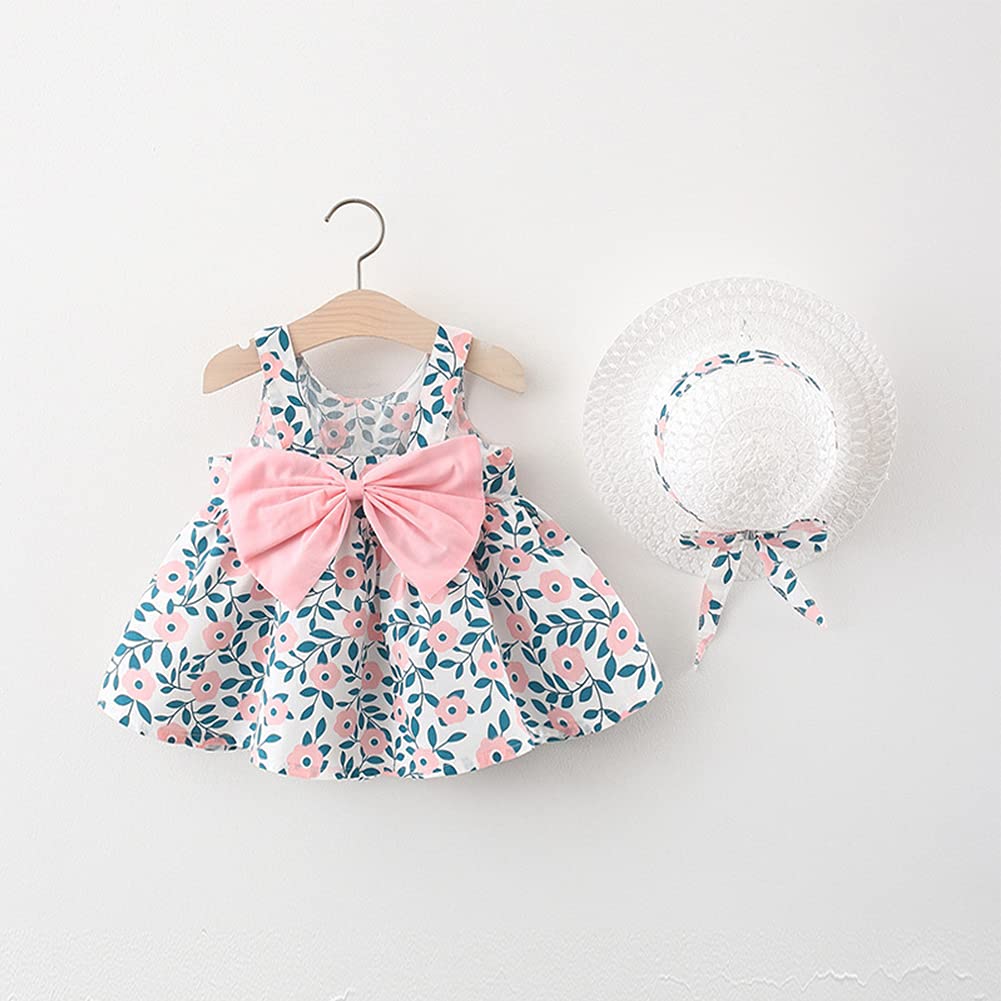 Toddler Baby Girls Tutu Dress Clothes Summer Sleeveless Hawaiian Beach Holiday Dress Backless Princess Birthday Party Outfit Floral Wedding Bowknot Sundress with Straw Hat set Pink Floral 18-24 Months