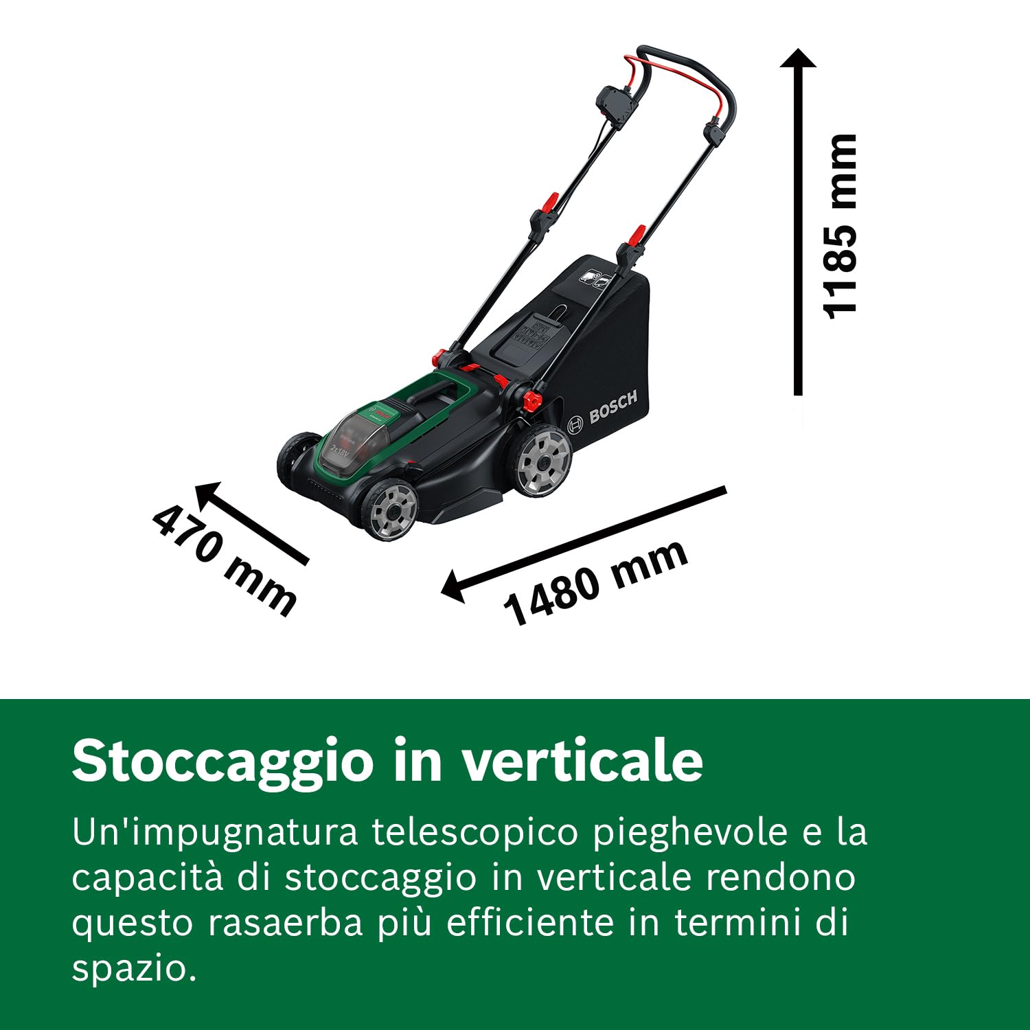Bosch Rasaerba a batteria ROTAK18V2-43 (larghezza di taglio: 43 cm, altezza di taglio: 30-75 mm, sacco raccoglierba in tessuto da 50 l, tappo per pacciame, inclusi 2 batterie da 18 V e caricabatteria)