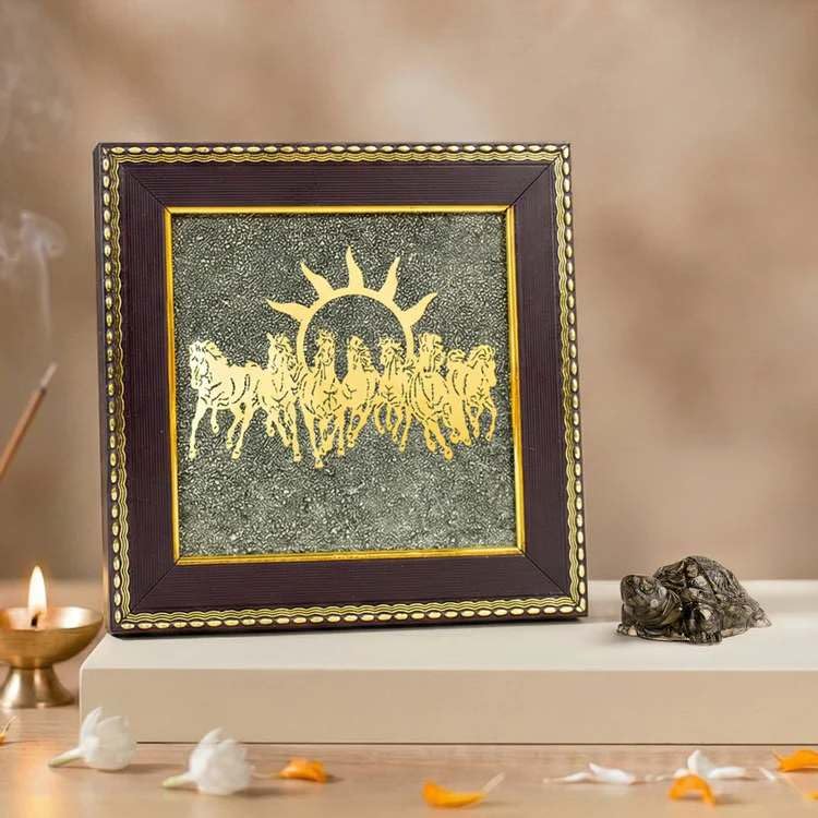 Image of Astrotalk 7 Horses on Pyrite Frame with Pyrite Tortoise | Vastu Items for Wealth, Growth & Protection | Elegant Home Decor for Living Room & Office | Housewarming Gifts for New Home