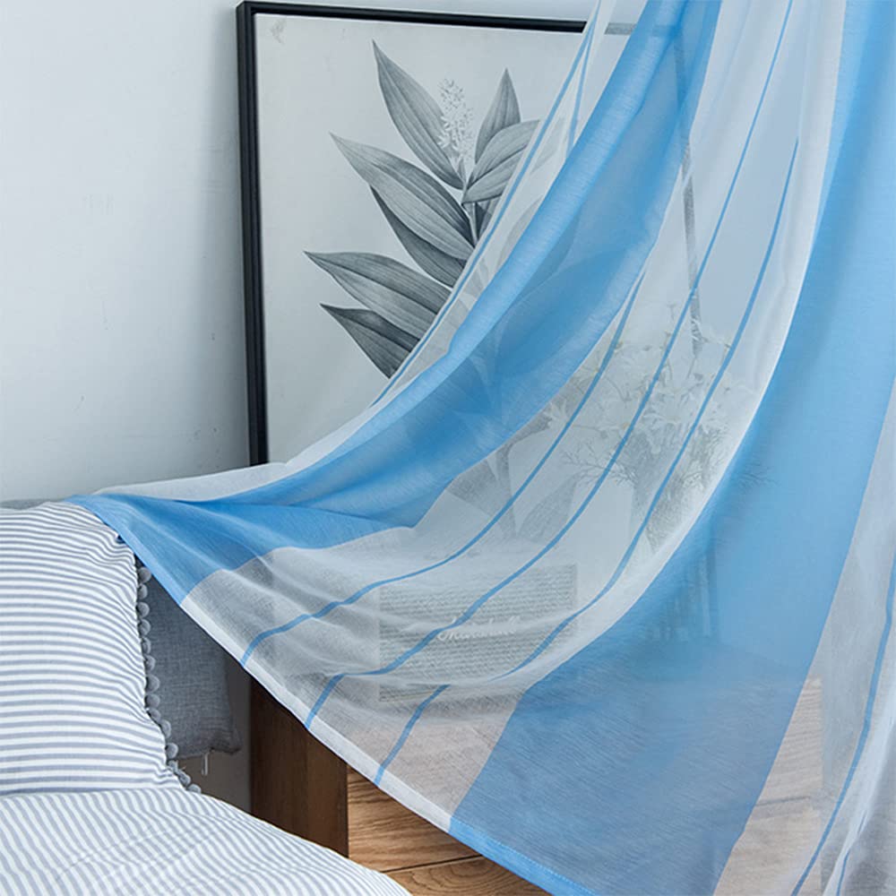 Hiseng Voile Vorhänge mit Ösen Durchsichtig Halbtransparent Ösenvorhang für Fenster Wohnzimmer Schlafzimmer Moderne und Elegante Transparent Gardine 2er Set (Blaue Streifen,137x160cm)