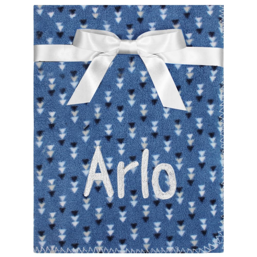 TeddyT's Personalised Baby Name Blue Geometric Lightweight Embroidered Fleece Baby Blanket