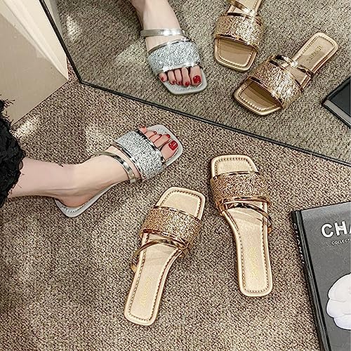 Women's Rhinestones Square Toe Open Toe Flat Slippers,Slip On Flat Sandals In Sparkling Crystals,Fashionable Sparkling Glitter Ankle Strap Low Heel Casual Beach Flip Flops (9,Gold) #TOP6