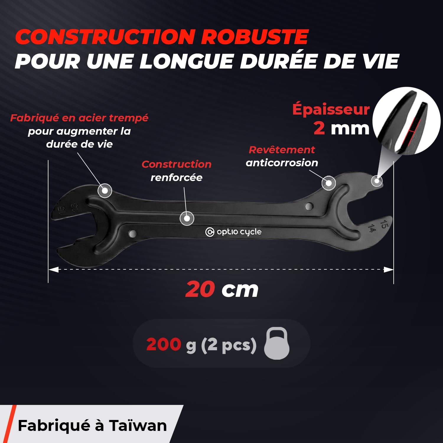 Optio Cycle Clé à Cône Vélo 15 Mm – Acier Trempé – Poignée Antidérapante – Réglage Précis Des Moyeux Et Roulements – Pour Route Et VTT
