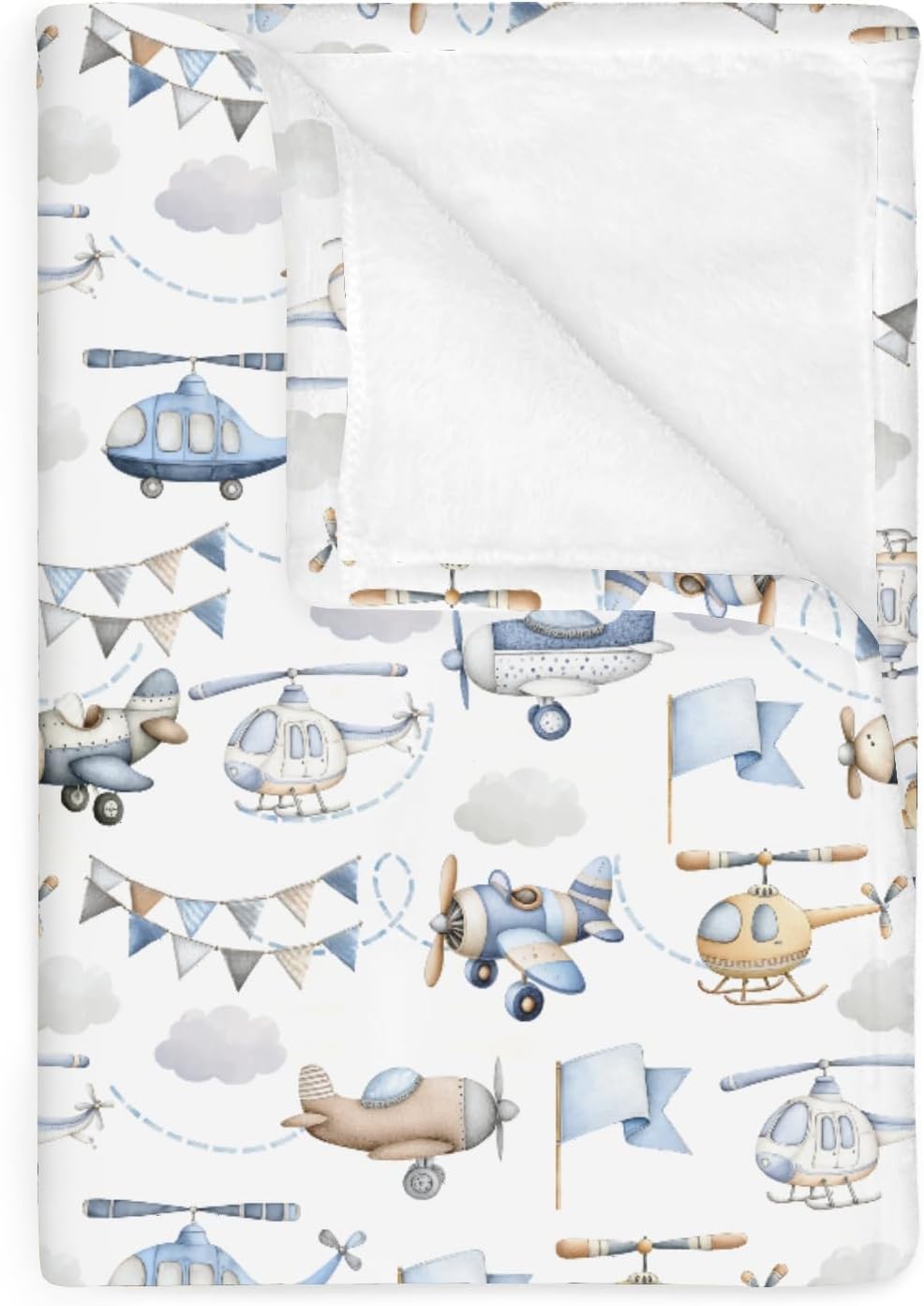 Watercolor Airplanes Helicopters Baby Blankets for Boy Girl Vintage Aircraft Soft Flannel Swaddle Receiving Blankets for Infant Toddler Crib Blue Air Transport Travel Nursery Bed Blankets 60x80inch