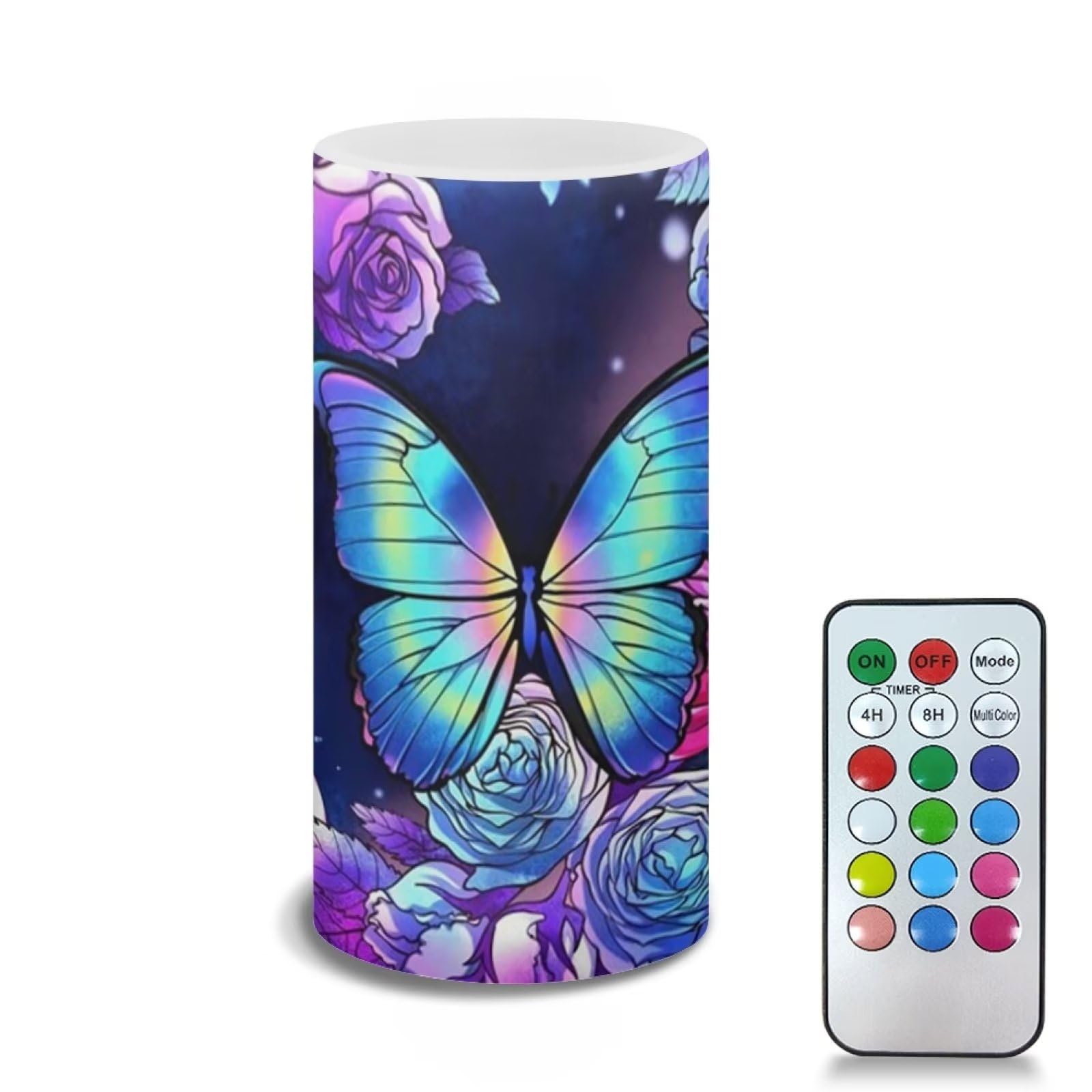 Xoenoiee Trippy Butterfly Floral Print Flameless LED Battery Candles with Colored Light 4H 8H Timer Remote for Wedding Beach Party Decor